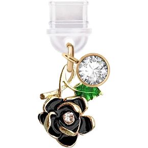 ELISE & FONDA TP339 Type-C USB Charging Port Anti Dust Plug Little Rose Cell Phone Charm for Samsung/Huawei/OnePlus/Xiaomi/oppo Android Phones (Black)