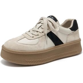 BEAU TODAY Women's Platform Fashion Sneakers, Classic Retro Trainers, Leather Casual Lace Up Skate Shoes, Comfortable Tennis Running Walking Shoes