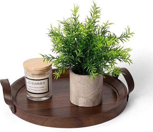GENMOUS 2 Pcs Decorative Tray with Leather Handle - 9in 11in Round Serving Tray - Farmhouse Decoration Trays for Home,Living Room, Coffee Table,Rustic Wood Tray for Kitchen Table,Dining Table Decor in Saudi Arabia