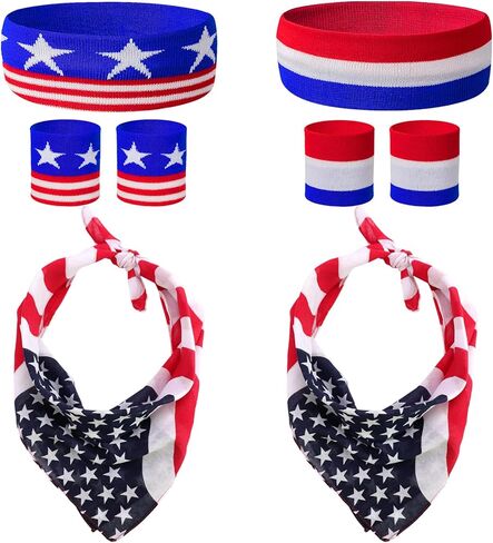 Patriotic American Flag Sports Sweatband Headbands Set for Kids Men Women,4th of July Independence Day Headband Wristband Decorations Included American Flag Headbands Wristbands Square USA Bandana in Kuwait