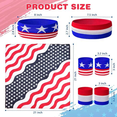 Patriotic American Flag Sports Sweatband Headbands Set for Kids Men Women,4th of July Independence Day Headband Wristband Decorations Included American Flag Headbands Wristbands Square USA Bandana in Kuwait