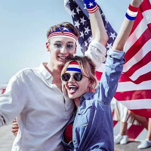 Patriotic American Flag Sports Sweatband Headbands Set for Kids Men Women,4th of July Independence Day Headband Wristband Decorations Included American Flag Headbands Wristbands Square USA Bandana in Kuwait