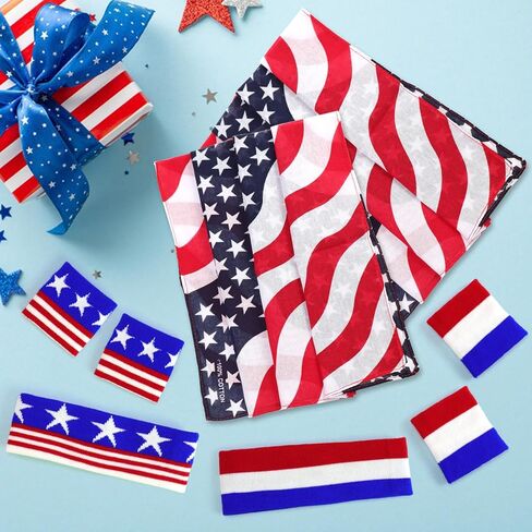 Patriotic American Flag Sports Sweatband Headbands Set for Kids Men Women,4th of July Independence Day Headband Wristband Decorations Included American Flag Headbands Wristbands Square USA Bandana in Kuwait