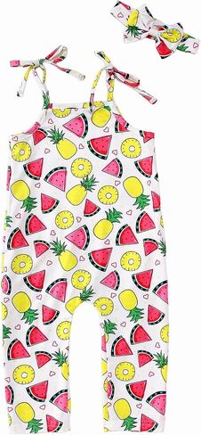 Ritatte Toddler Baby Girl Jumpsuit Sleeveless Adjustable Tie-Up Strap Romper with Pocket Headband Kid One Piece Summer Outfit in Saudi Arabia