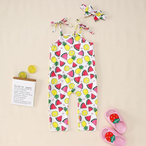 Ritatte Toddler Baby Girl Jumpsuit Sleeveless Adjustable Tie-Up Strap Romper with Pocket Headband Kid One Piece Summer Outfit in Saudi Arabia