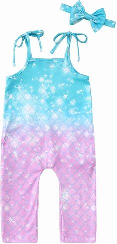 Ritatte Toddler Baby Girl Jumpsuit Sleeveless Adjustable Tie-Up Strap Romper with Pocket Headband Kid One Piece Summer Outfit in Saudi Arabia