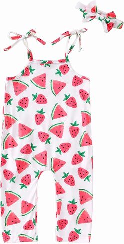Ritatte Toddler Baby Girl Jumpsuit Sleeveless Adjustable Tie-Up Strap Romper with Pocket Headband Kid One Piece Summer Outfit in Saudi Arabia