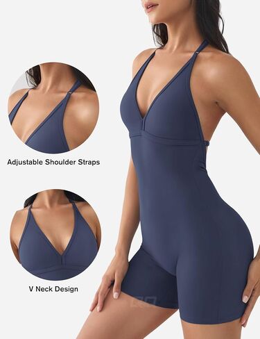QOQ Workout Jumpsuits for Women Sexy V Neck Backless One Piece Bodycon Scrunch Butt Yoga Rompers in Saudi Arabia