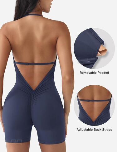QOQ Workout Jumpsuits for Women Sexy V Neck Backless One Piece Bodycon Scrunch Butt Yoga Rompers in Saudi Arabia