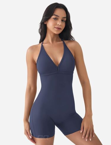 QOQ Workout Jumpsuits for Women Sexy V Neck Backless One Piece Bodycon Scrunch Butt Yoga Rompers in Saudi Arabia