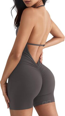 QOQ Workout Jumpsuits for Women Sexy V Neck Backless One Piece Bodycon Scrunch Butt Yoga Rompers in Saudi Arabia