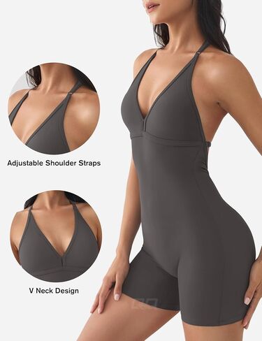 QOQ Workout Jumpsuits for Women Sexy V Neck Backless One Piece Bodycon Scrunch Butt Yoga Rompers in Saudi Arabia
