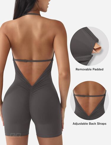 QOQ Workout Jumpsuits for Women Sexy V Neck Backless One Piece Bodycon Scrunch Butt Yoga Rompers in Saudi Arabia