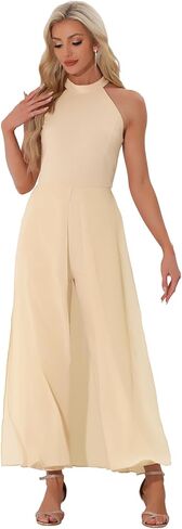 Allegra K Elegant Jumpsuit for Women's Summer Sleeveless Halter Neck Belted Wedding Chiffon Wide Leg Dressy Jumpsuits in Kuwait