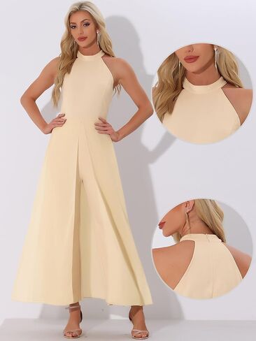 Allegra K Elegant Jumpsuit for Women's Summer Sleeveless Halter Neck Belted Wedding Chiffon Wide Leg Dressy Jumpsuits in Kuwait