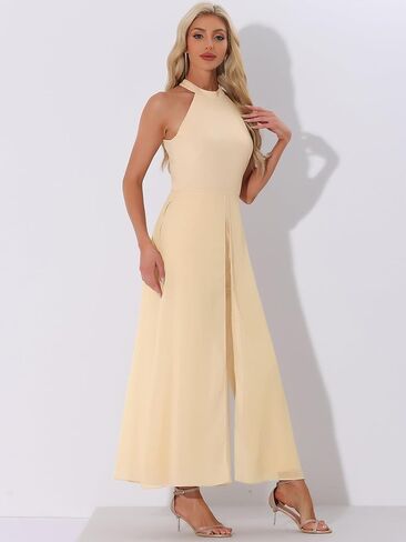 Allegra K Elegant Jumpsuit for Women's Summer Sleeveless Halter Neck Belted Wedding Chiffon Wide Leg Dressy Jumpsuits in Kuwait