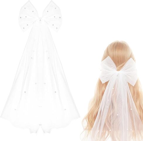 Wedding Bow-Knot Veil White Pearl Hair Clip Bridal Veils Bachelorette Party Hair Accessories for Women and Girls Bridal Shower Gift in Kuwait