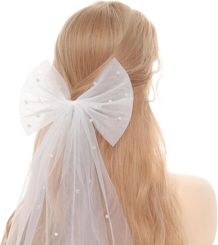 Wedding Bow-Knot Veil White Pearl Hair Clip Bridal Veils Bachelorette Party Hair Accessories for Women and Girls Bridal Shower Gift in Kuwait