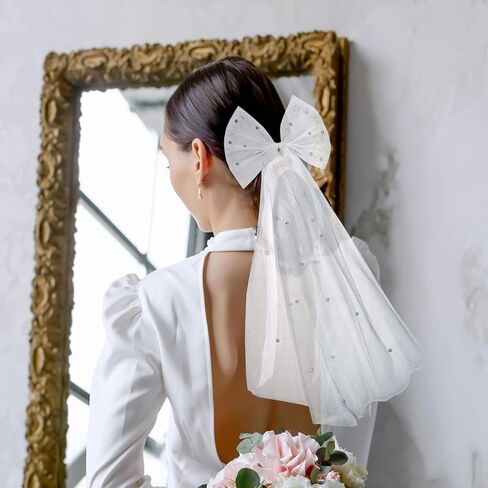 Wedding Bow-Knot Veil White Pearl Hair Clip Bridal Veils Bachelorette Party Hair Accessories for Women and Girls Bridal Shower Gift in Kuwait