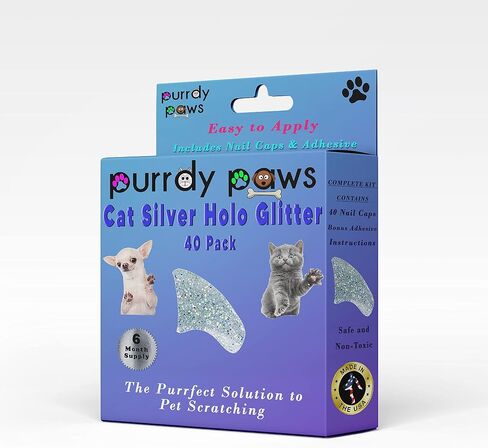 Purrdy Paws 6 Month Supply Soft Nail Caps for Cats Silver Holographic Glitter Large - Extra Adhesives in Saudi Arabia