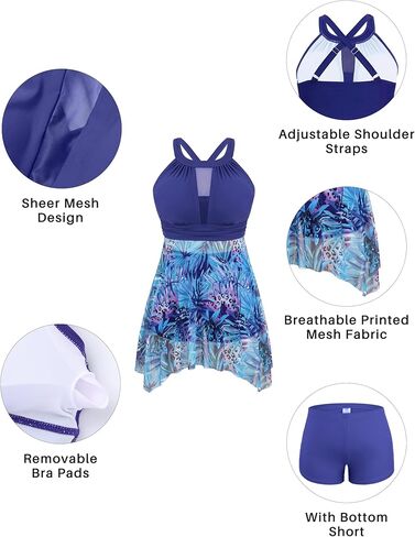 بدلة سباحة مقاس كبير للنساء برقبة عالية للتحكم في البطن، قطعتين تانكيني مع شورت ملابس سباحة شبكية واسعة in Kuwait