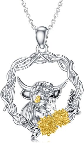 LONAGO Highland Cow Necklace Silver Cow Pendant Necklace with Sunflower Gift for Women Girl in Kuwait