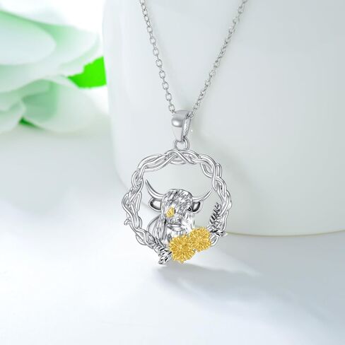 LONAGO Highland Cow Necklace Silver Cow Pendant Necklace with Sunflower Gift for Women Girl in Kuwait