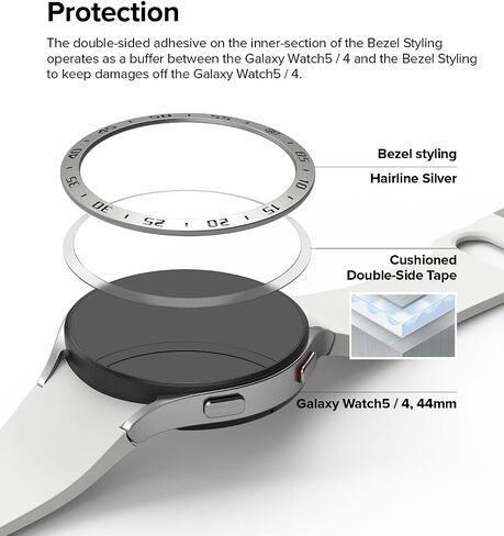 تصميم Ringke Bezel متوافق مع ساعة Samsung Galaxy Watch 5 44 مم وGalaxy Watch 4 (44 مم) غطاء حلقة لاصق مضاد للخدش [الفولاذ المقاوم للصدأ] - فضي [44-01] in Saudi Arabia
