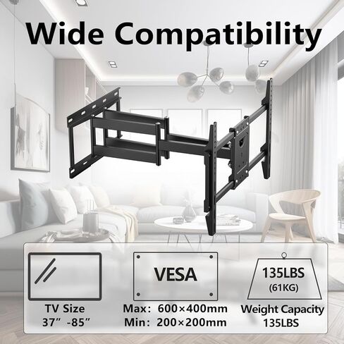 Full Motion Wall Mount for 37"-85" TVs, Swivel and Tilt Bracket with Swivel Articulating Dual Arms, Max VESA 600x400mm, 135 lbs, 16" Wood Studs in Kuwait