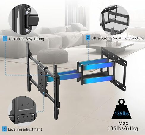 Full Motion Wall Mount for 37"-85" TVs, Swivel and Tilt Bracket with Swivel Articulating Dual Arms, Max VESA 600x400mm, 135 lbs, 16" Wood Studs in Kuwait