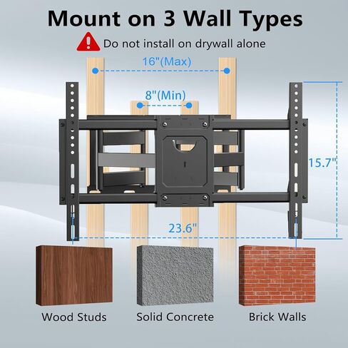 Full Motion Wall Mount for 37"-85" TVs, Swivel and Tilt Bracket with Swivel Articulating Dual Arms, Max VESA 600x400mm, 135 lbs, 16" Wood Studs in Kuwait