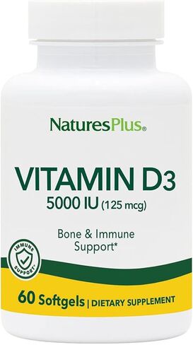 NaturesPlus Vitamin D3 ( Cholecalciferol ) - 5000 iu , 60 Softgels - Bone Health , Heart Health & Immune System Support Supplement , Bioavailable Active Form - Gluten-Free - 60 Servings in Saudi Arabia