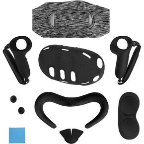 Geekria VR Accessories Set Compatible with Meta Q3, Touch Controller Grip Cover, Front Face Cover, Silicone Face Cover with Lens Protective Cover, All-Round Protection Suit (7PCS, Black)