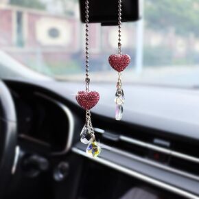 Car Mirror Hanging Accessories Car Accessories for Women, Love Crystal Car Mirror Charms Cute Car Rear View Mirror Hanging Ornament, for Car Interior Decor Pendant Anniversary (Pink)