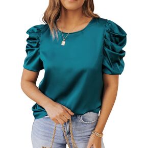 PRETTYGARDEN Womens Puff Short Sleeve Tops Summer 2023 Satin Loose Fit Tunic Dressy Casual Blouses