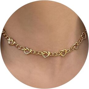 LecAit Love Heart Choker Necklace,Figaro Chain Choker Necklace for Women Chunky Cuban Link Necklace for Women Station Necklace Mother's Day Gifts