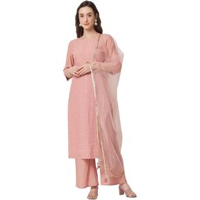 Shopping Queen Women's Viscose Silk Chikankari Kurta Palazzo Dupatta set