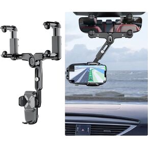 Rear View Mirror Phone Holder, 360 Degree Rotatable and Retractable Auto Phone Mount, Multifunctional Universal Rearview Mirror Phone Holder Compatible with All Smartphones