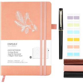Ospelelf Pink Lined Journal Notebooks for Note Taking, 180 Pages, A5 Leather Hardcover Notebook with Pen, 100 gsm Paper Meeting Notebook for Work, Writing Journals for Women