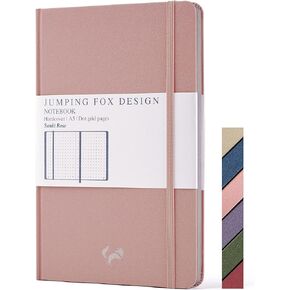 JUMPING FOX DESIGN Premium A5 Hardcover Dot Grid Notebook Journal, Medium 5.6 x 8.4 inches, 120gsm Thick Paper, Numbered Pages, Inner Pocket, Unique Leatherette, Champagne Beige