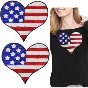 بقع الترتر المطرزة علم القلب خياطة على نقل الحرارة كبير الترتر القلب الولايات المتحدة الأمريكية نمط ملصقات يزين لتزيين الملابس 2 أوراق كبيرة in Kuwait