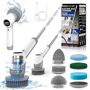 Electric Spin Scrubber, Cordless Shower Scrubber with 6 Replaceable Brush Heads, 2 Adjustable Speeds, and Adjustable Extension Handle, Spin Brush for Cleaning Bathroom Kitchen Floor Tile Tub (Blue)
