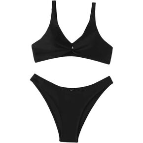 OYOANGLE Girl's 2 Piece Bikini Set Twist Front V Neck Sleeveless High Cut Swimwear