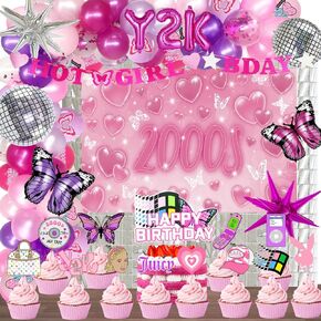 Y2K Party Decorations, Early 2000s Party Decorations for Teen Girls Backdrop Fringe Curtain Balloon Garland Hot Girl Bday Glitter Banner Cake Cupcake Topper Butterfly