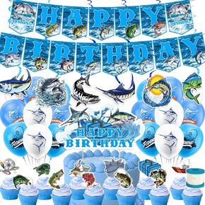 Gone Fishing Party Decorations Gone Fishing Birthday Party Supplies Includes Fishing Happy Birthday Banner Cake Topper Hanging Swirls Cupcake Topper Balloons for Fishing Baby Shower Decorations