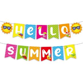 Hello Summer Banner - No DIY, Summer Banner for Summer Party Decorations, Hello Summer Sun Signs for Birthday Beach Pool Decorations, Tropical Party Decorations, Summer Party Supplies