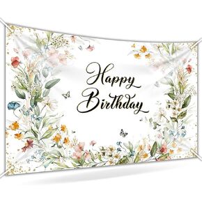 Avezano Floral Birthday Backdrop for Girls Spring Butterfly Happy Birthday Photography Background Greenery Wildflower Birthday Banner 70.8 x 43.3 Inch