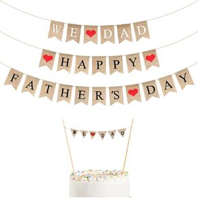 MIAHART 4 Pcs Father's Day Decorations Happy Father's Day Banner We Love Dad Burlap Banner with We Love Dad Cake Topper Fathers Day Backdrop Party Supplies