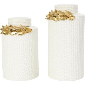 Deco 79 Ceramic Decorative Decorative Jars Decorative Containers with Abstract Spotted Pattern and Gold Leaf Accents, Set of 2 Decorative Keepsake Boxes 11", 9" H, White