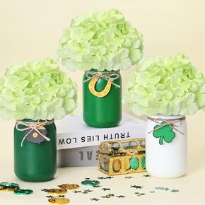 جرة ميسون لعيد القديس باتريك، ترتيب الأزهار، قطعة مركزية للطاولة مع نباتات صناعية، زهور خضراء اصطناعية، وعاء شامروك محظوظ من الديكور الذهبي، صينية القديس باتريك المتدرجة، مجموعة هدايا الترحيب بالمنزل الجديد مكونة من 3 قطع in Kuwait